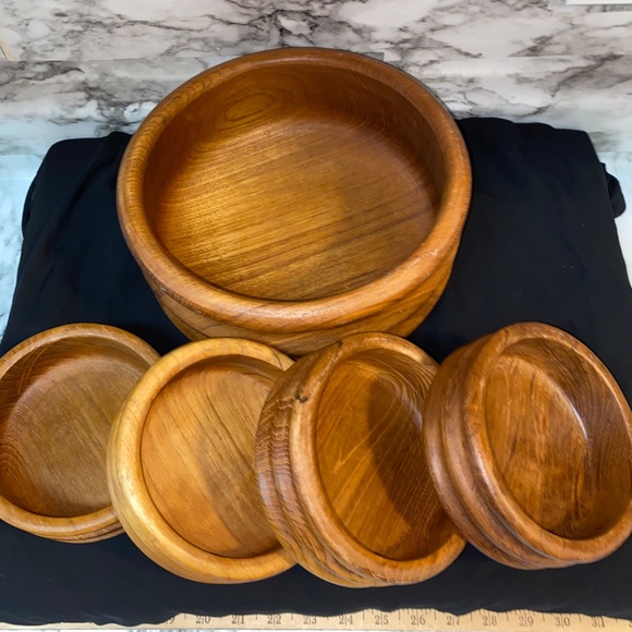 *01 Teak Wood salad bowl set 10" Serving Bowl 4 , 6" Salad Bowls Brown Wood - Picture 2 of 7